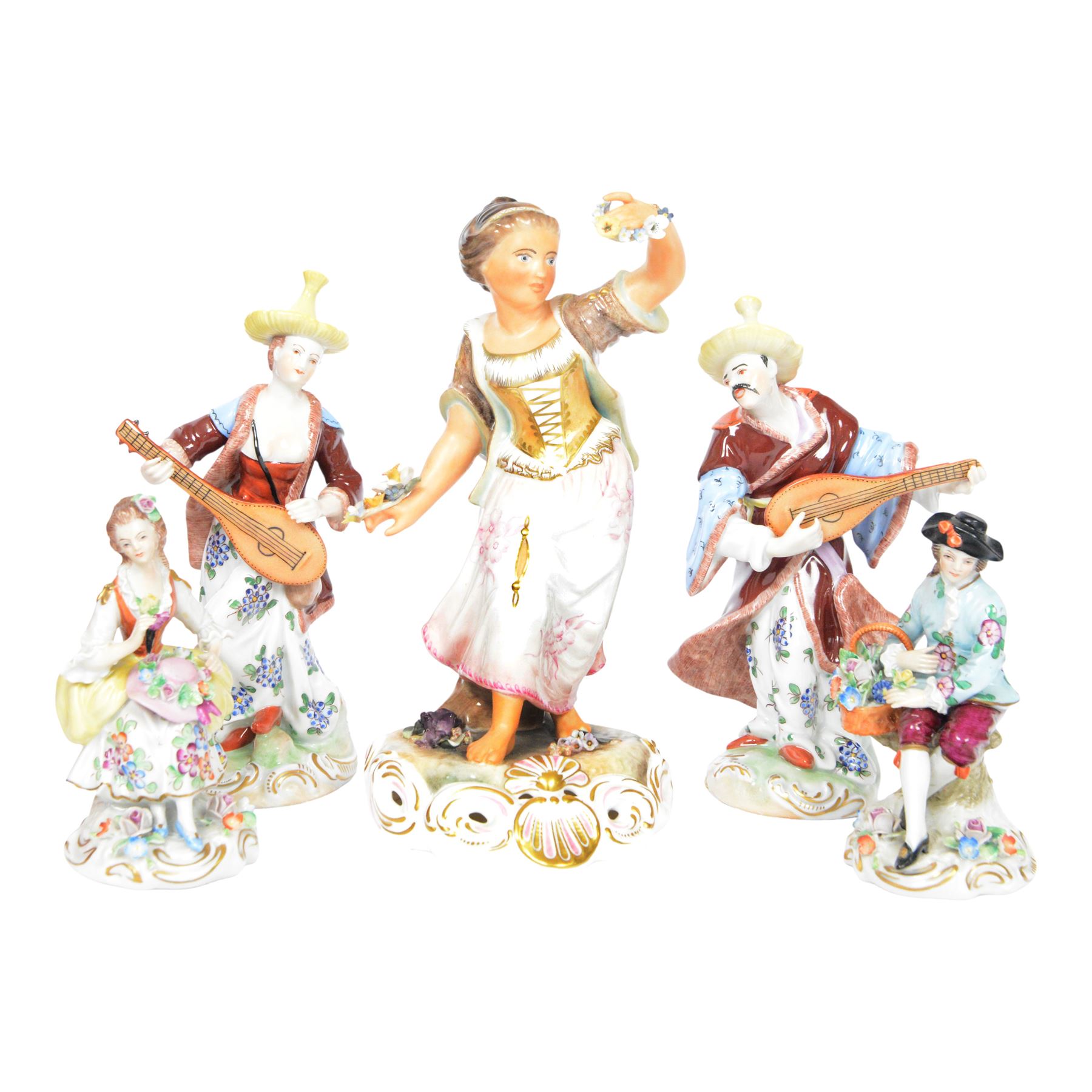 Royal Crown Derby figure Spring, together with Pair of Dresden Malabar musicians and two others    