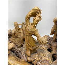 Large Chinese wood carving, depicting the eight immortals crossing the sea, H46cm, L78cm 
