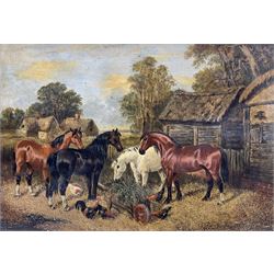 Attrib. John Frederick Herring Jnr. (British 1815-1907): Horses and Chickens in the Farmyard, oil on canvas unsigned 30cm x 50cm