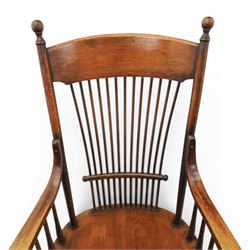 Set of three 19th century ash and elm spindle back Windsor armchairs, arched top rails above fan-shaped spindle backs, curved arms with turned supports, shaped saddle seats, on turned legs joined by H-stretchers