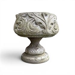 Collection of decorative cast stone garden pieces, comprising three graces bird bath, three urn planters, urn base, figure of girl and a Scottie dog (7)