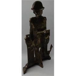  Victorian cast iron fireside figure of Admiral Nelson depicted standing holding a telescope in one hand, a fouled anchor and capstan to each side, marked Glenbervie H50cm  