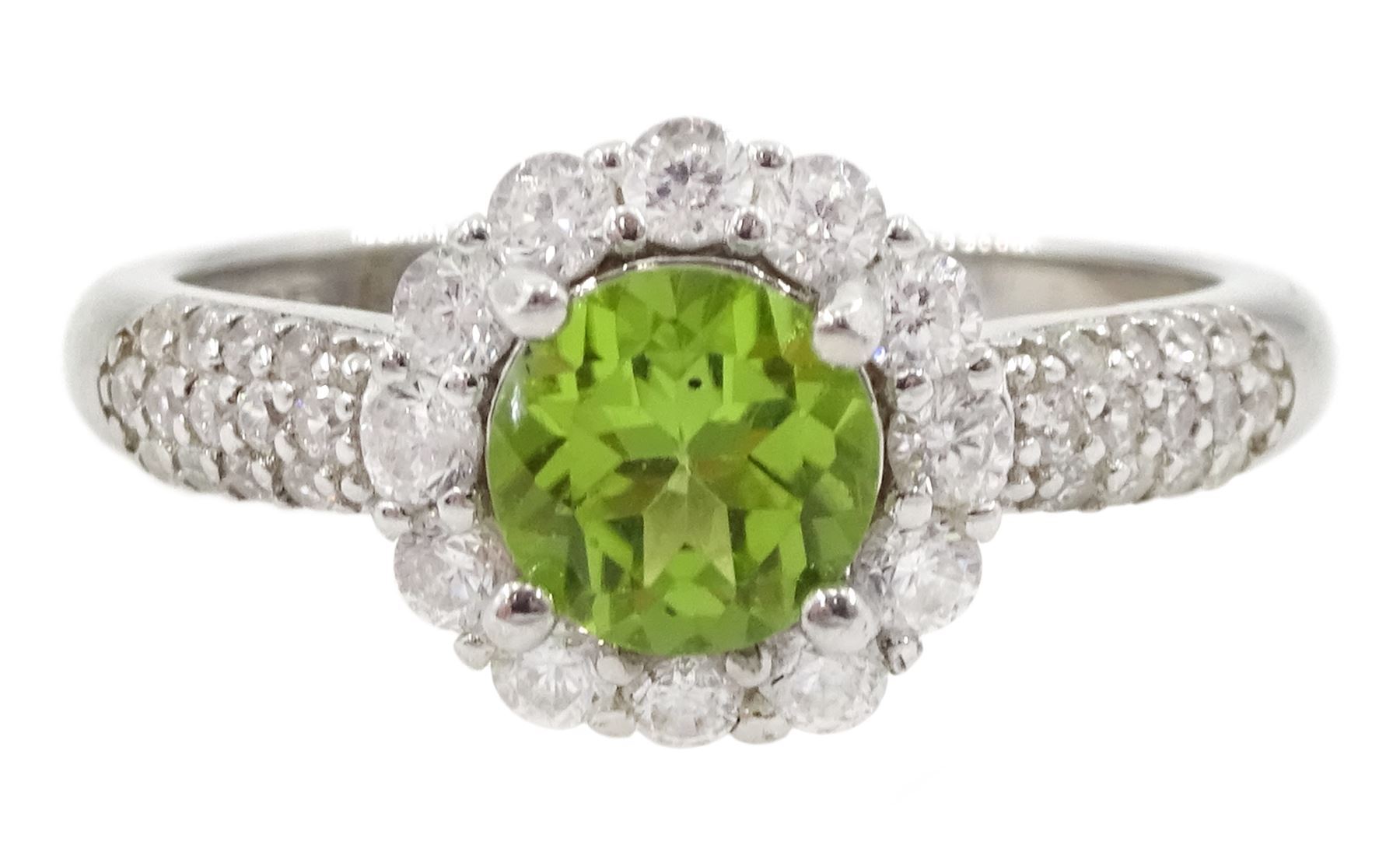 Silver peridot and cubic zirconia flower cluster ring, stamped 925