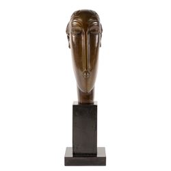 After Amedeo Modigliani - bronze sculpture modelled as a female face, upon a square base, ...