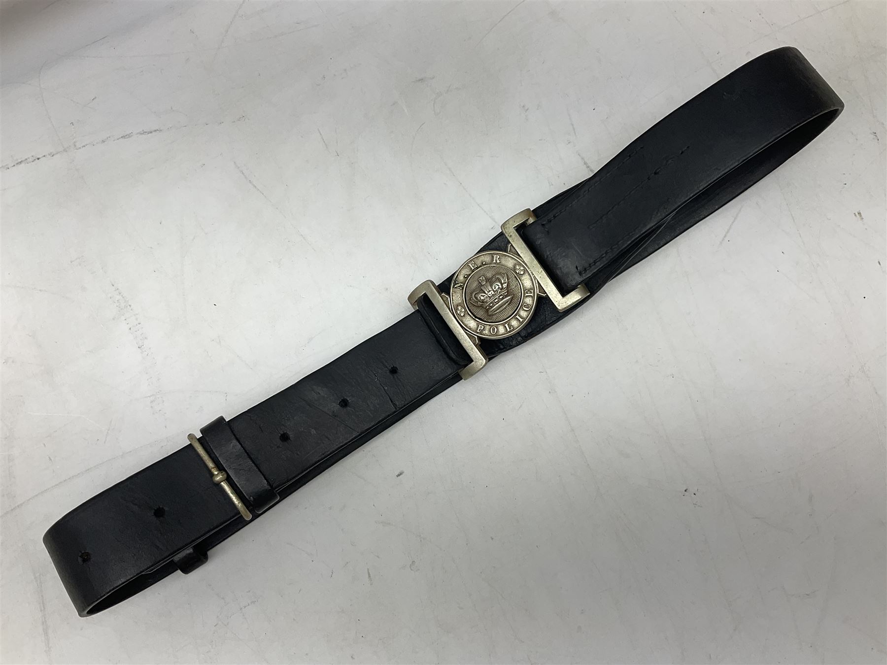 North Eastern Railway Police adjustable leather belt with steel buckle; crudely inscribed '270'