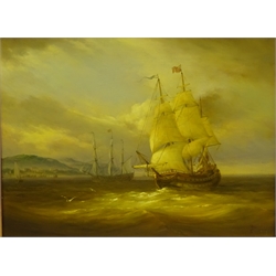  Masted Vessels out the Harbour at Dusk, 20th century oil on panel signed with initials, signed verso Januska 29cm x 40cm  