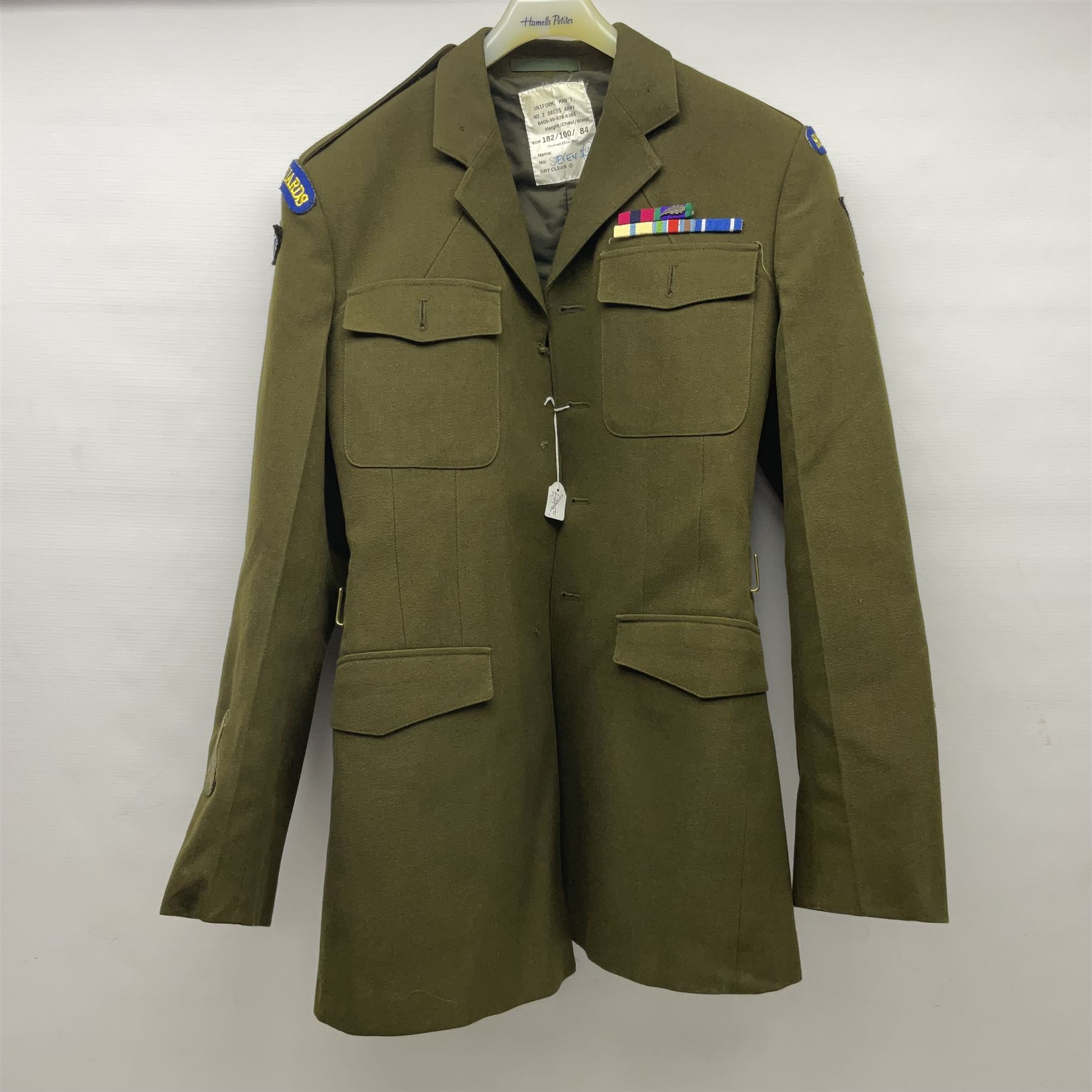 Two post-WWII British Army No.2 Dress tunics, one with Green Howards buttons; army shirt dated 1951; Royal Fleet Auxilliary jacket with trousers; three RAF/WAAF uniforms and RAF Greatcoat; and three canvas/webbing bags, two dated 1943 & 1945