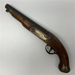 Incomplete early 19th century Woolley Sargant & Fairfax warranted flintlock converted to percussion 16-bore travelling pistol with 20cm(8