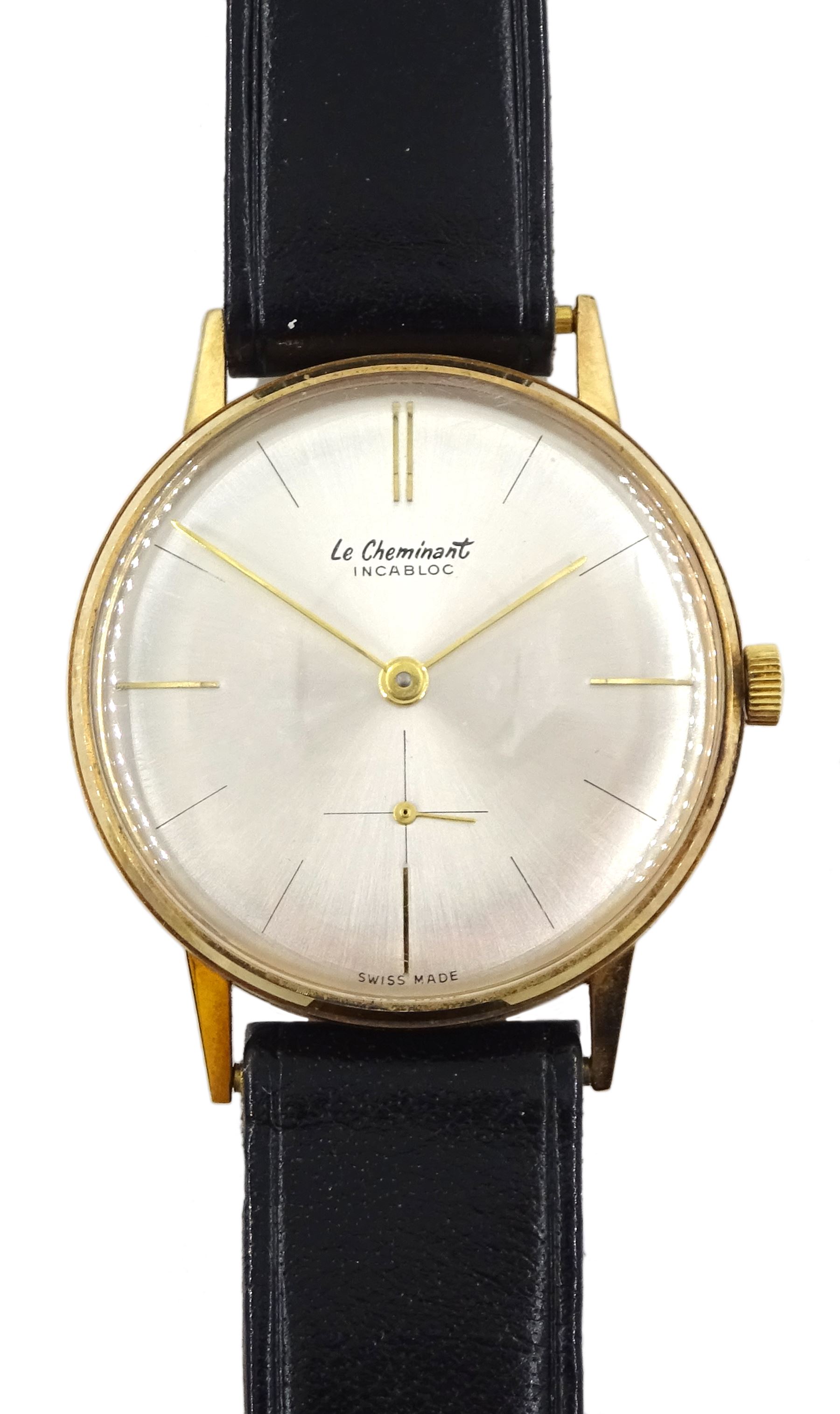 Le Cheminant Incabloc 9ct gold gentleman's manual wind wristwatch, silvered dial with subsidiary seconds dial, stamped 9.375, on original black leather strap