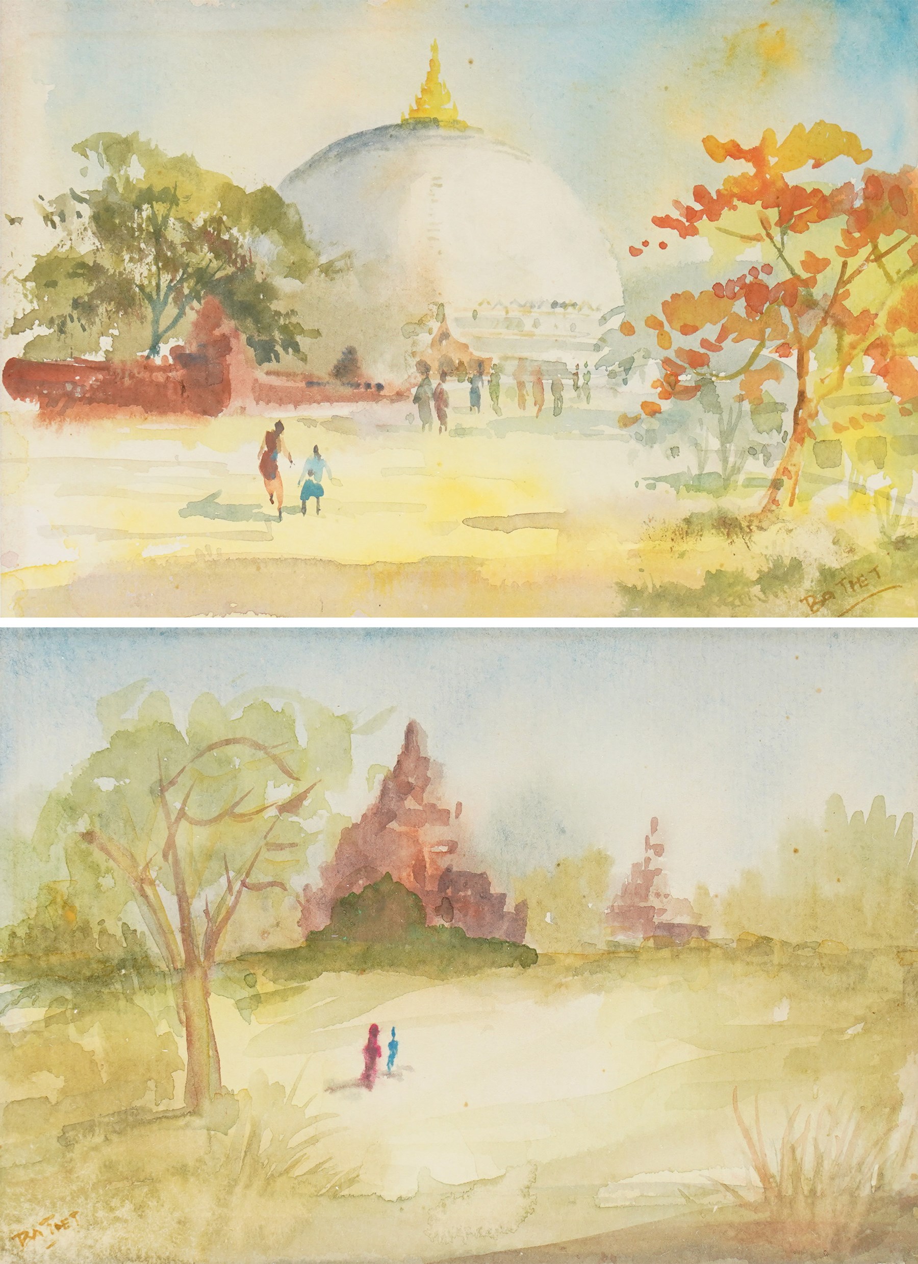 U Ba Thet (Burmese 1903-1972): Kaunghmudaw Pagoda and Burmese Buddhist monastery scene, pair of watercolours signed, 13.2cm x 19cm (2)