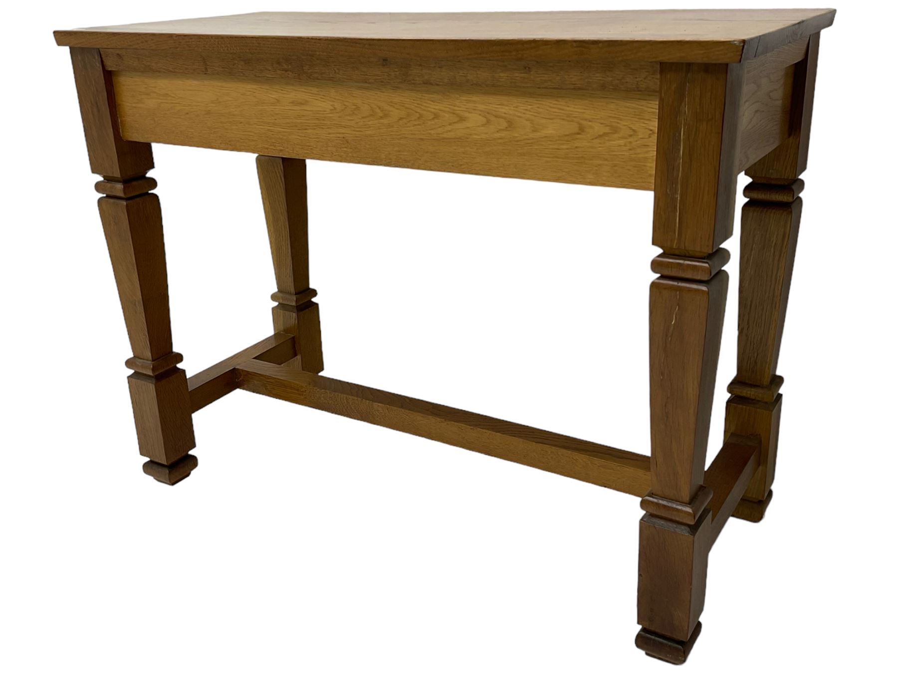 Solid oak console table, rectangular top raised on turned square supports united by stretcher