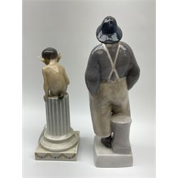 Two Royal Copenhagen figures, the first example modelled as a fisherman 3668, the second example modelled as a fawn seated upon a column 456, largest H26cm.