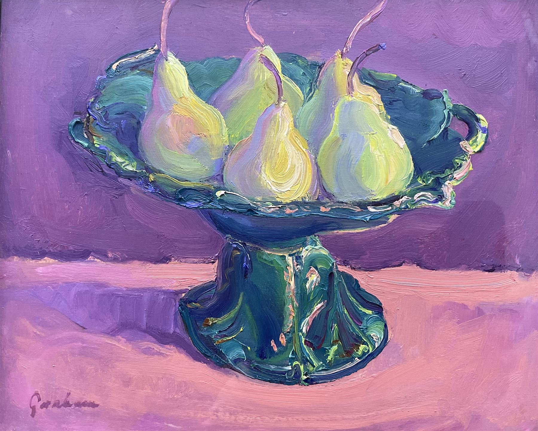 Josephine Graham (Scottish 1926-): 'Dish of Pears' oil on canvas signed, titled on address label verso 25cm x 30cm 