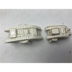 Twelve crested china models of WW1 tanks by Grafton, Arcadian and Carlton china etc with crests from Caistor Lincs, Saffron Walden, Paignton, Evesham etc  , together with a crested china model of the R.M.S Lusitania with New Brighton crest and a two-handled vase for 'The Forts Boxhill' (14)