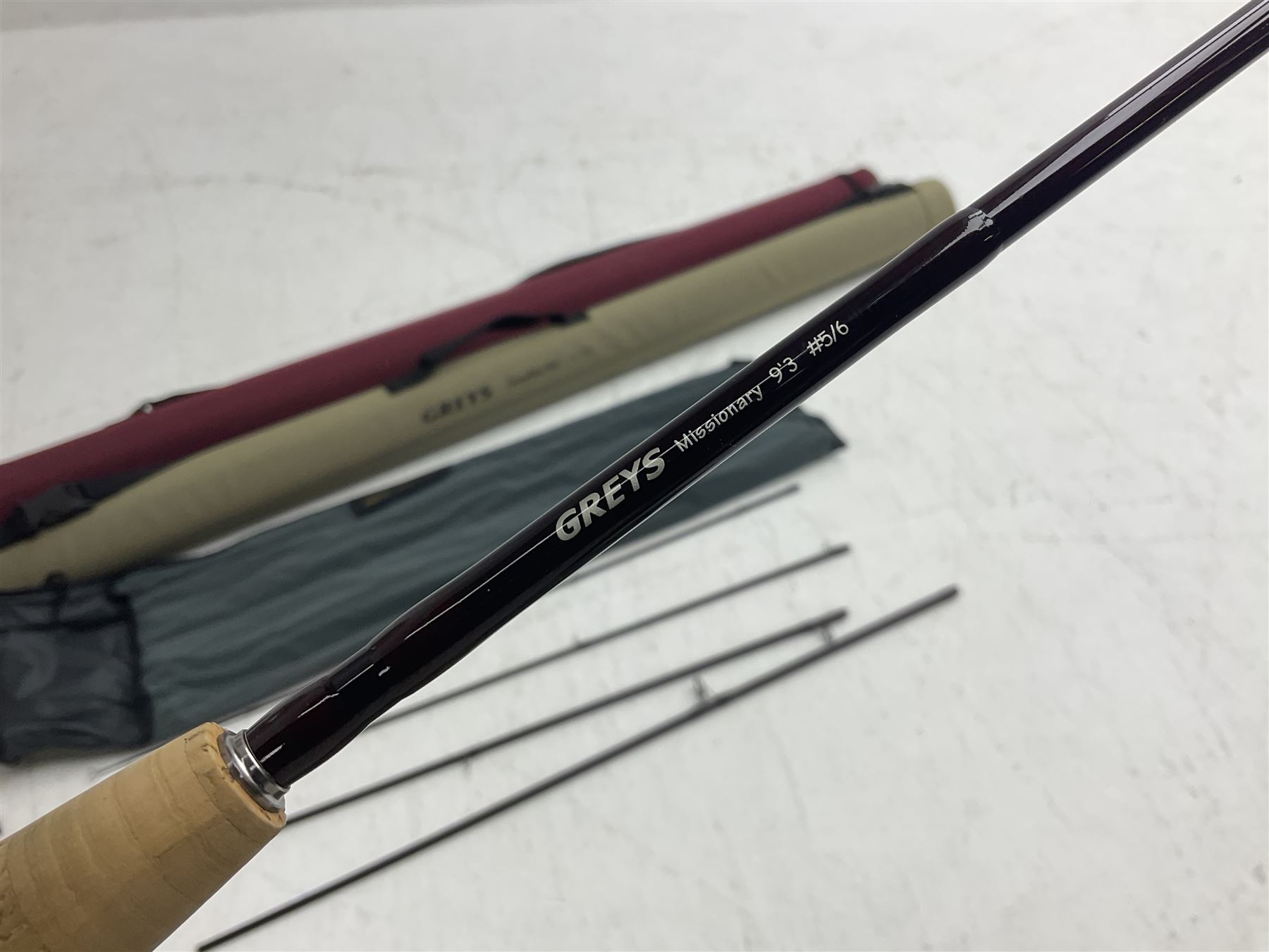 Five fly fishing rods, to include Greys Greyflex M2, Greys Missionary 9'3 etc, together with fly reel, flies, Wychwood fishing bag and various fishing other tackle items 