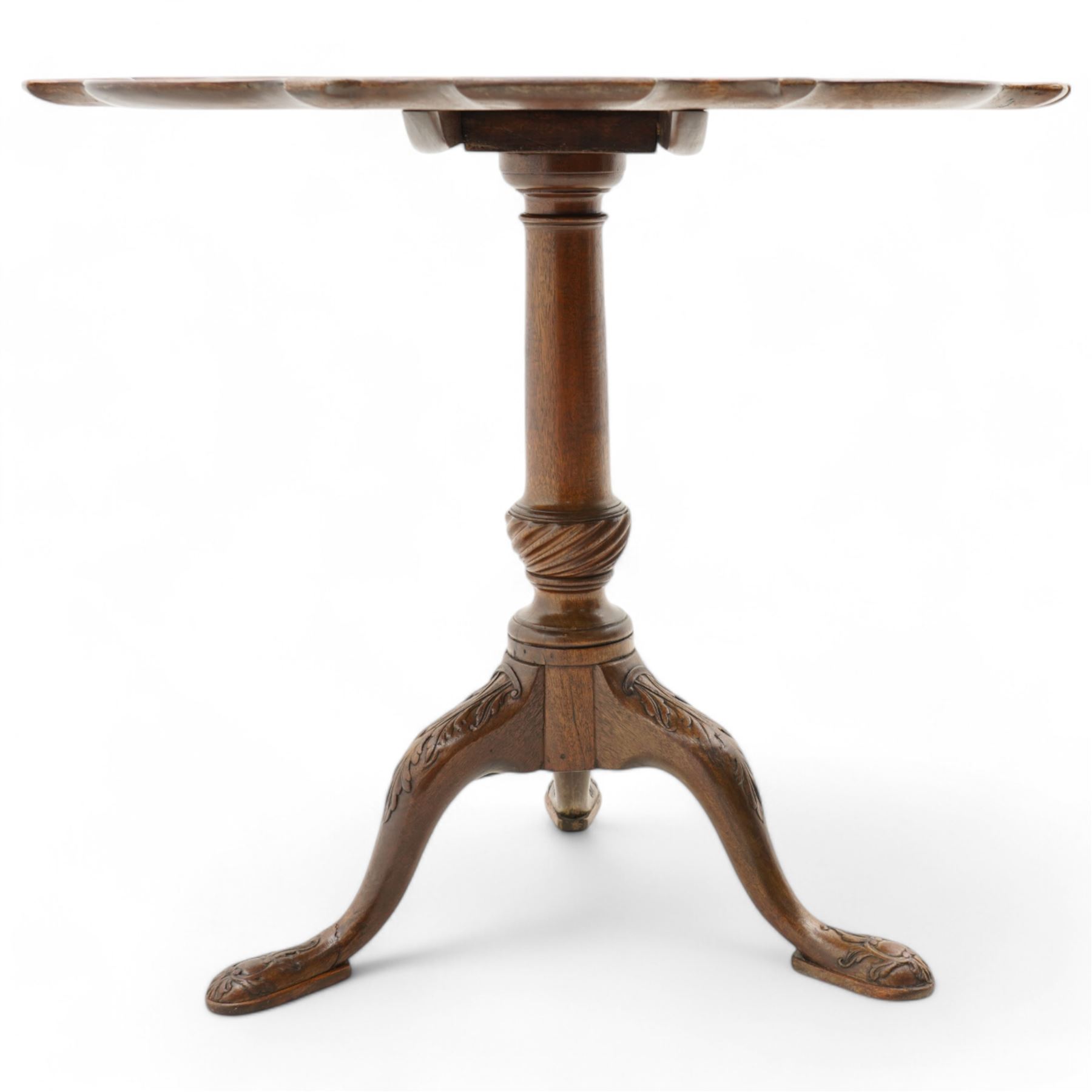 Georgian design mahogany tripod table, moulded piecrust tilt-top, turned pedestal with twist baluster, on three acanthus carved splayed supports with foliate cartouche carved terminals
