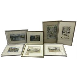 May Tempest (British early 20th century): Landscapes, four watercolours together with a Godfrey Wilson engraving and watercolour, and another work in pencil signed A J Tawa (7)