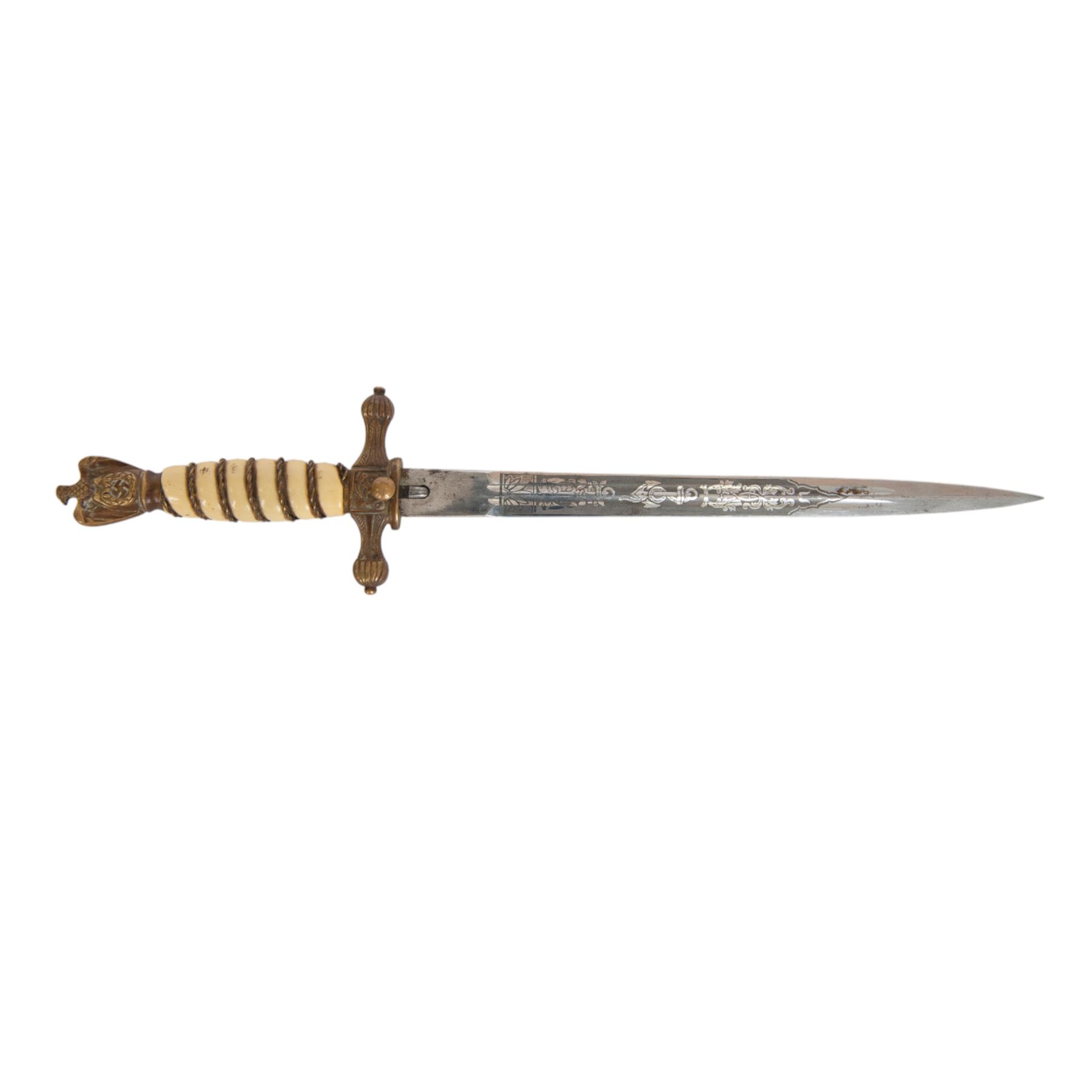 WWII German Third Reich Kriegsmarine naval dagger, with 24cm double edged blade engraved to both sides, the ricasso marked EuF Horster Solingen, 
with eagle pommel and wirebound ivorine celluloid handle, in brass engraved scabbard, overall L41cm