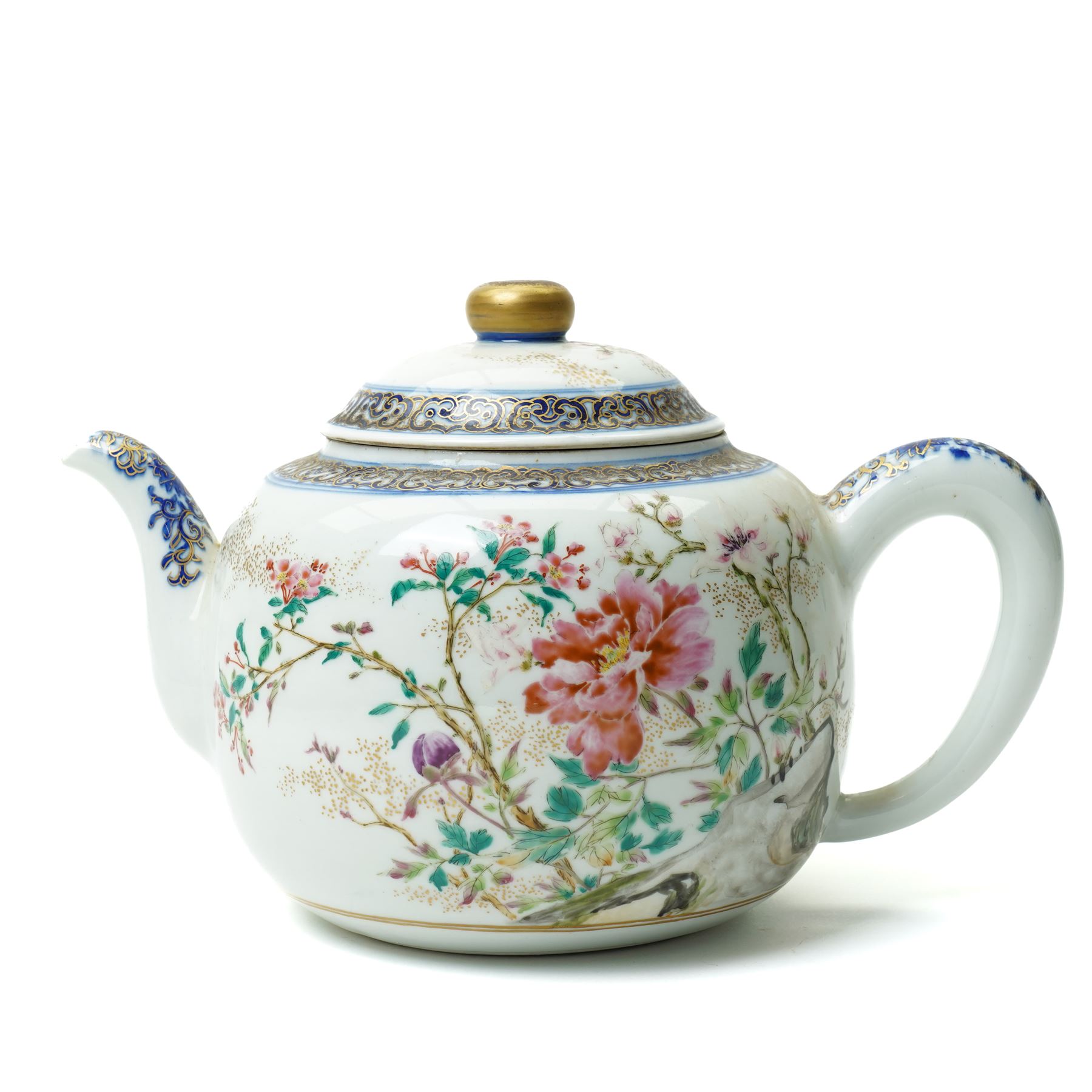 Japanese 19th century famille rose teapot, with Amsterdams Bont decoration, each face with chrysanthemums within a painted blue and gilt border, with six character kaisho style mark to underside of cover, H16cm 