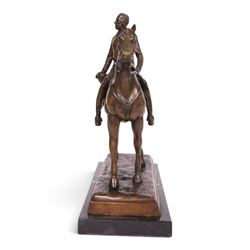 After Joseph Edgar Boehm, bronze Huntsman on horseback, upon a marble base, H40cm
