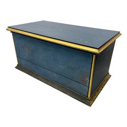 In the manner of William Burges - mid-to-late 19th century English Gothic Revival pine altar or console table, in blue and red paint with water gilding, the moulded rectangular top over six pointed arches with turned column supports, the front carved with a single row of lozenges and incised stylised motifs