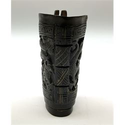 Chinese horn blood collection cup, carved with dragons and key fret border, H9.5cm