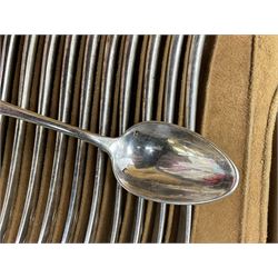 De Montfort cased canteen of silver plated cutlery for six place settings, together with further cased canteen of spoons and forks stamped Bon Marche