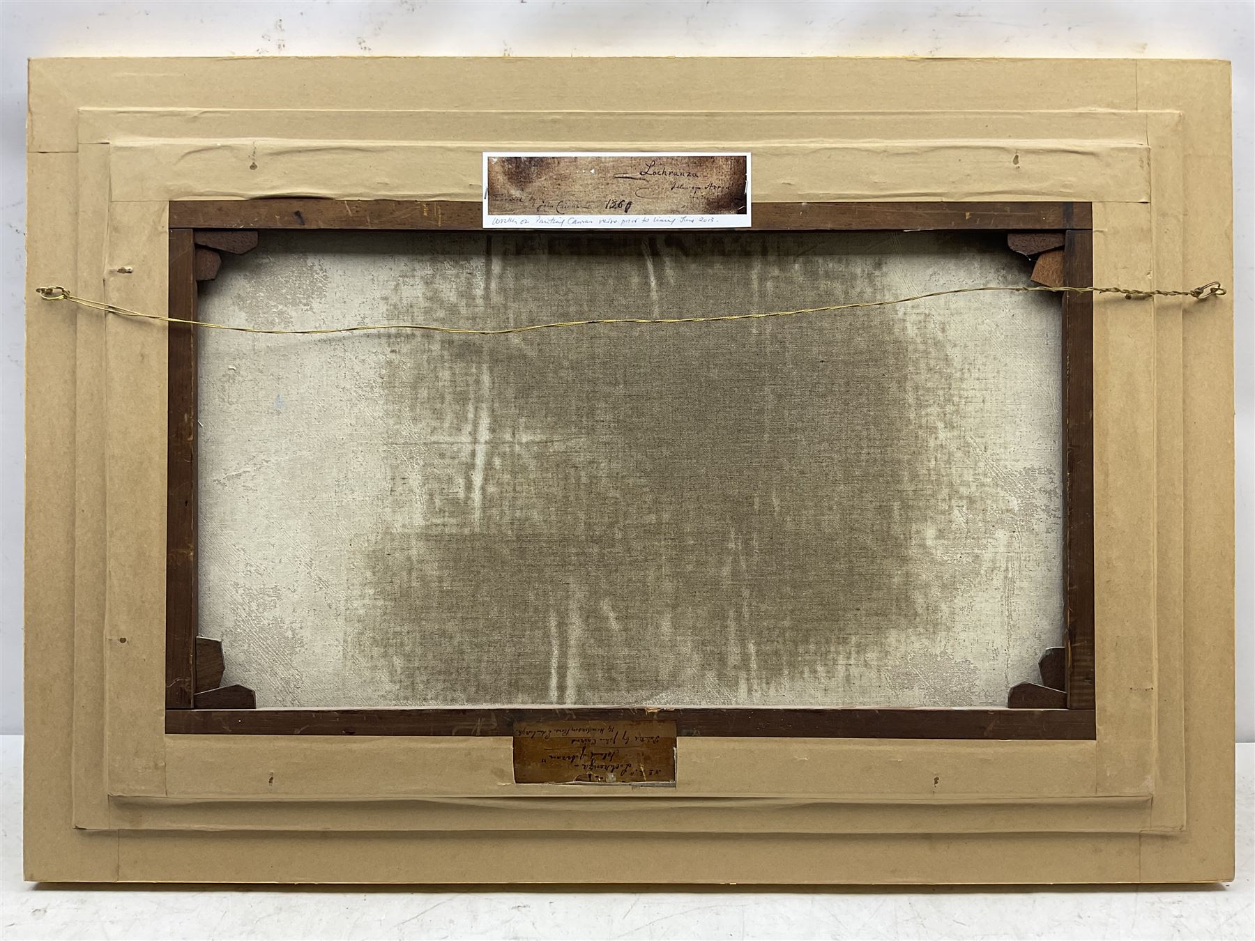 John Cairns (Scottish fl.1845-1870): 'Lochranza - Isle of Arran', oil on canvas, signed and titled with artist's Edinburgh address on original label verso 50cm x 80cm 
Provenance: private collection, purchased Shapes Auctioneers Edinburgh 27th April 2002 Lot 326