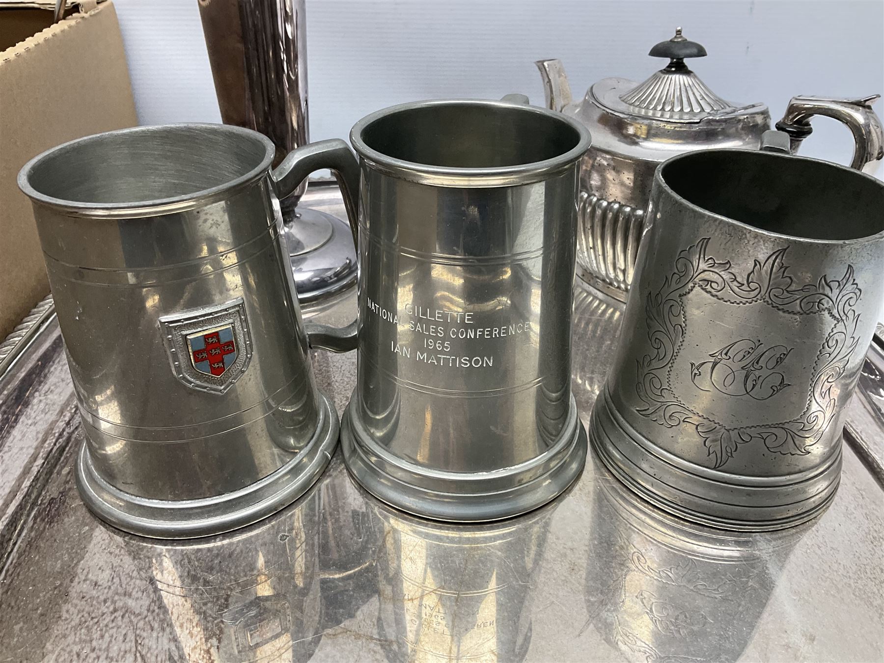 Collection of silver plate to include teapots, coffee pots, milk jug, sucrier, serving spoons, etc, together with pewter tankards 