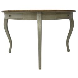 Painted oak demi-lune console table, stained oak top on painted base fitted with two drawers, on cabriole supports