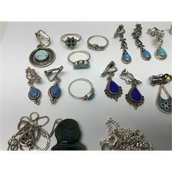 Silver and silver stone set jewellery including earrings and necklaces, collection of costume jewellery and other collectables