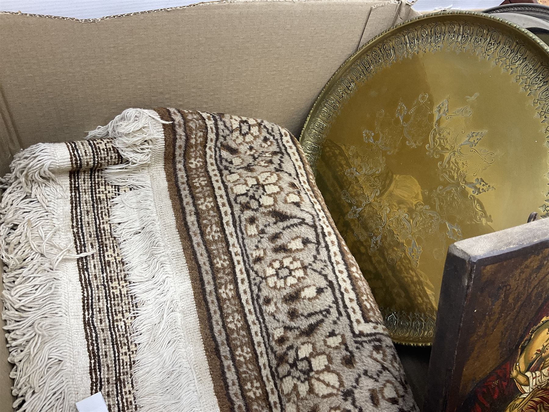 Silver plated jewellery box with foliate decoration and domed hinged lid, further silver plate and other metalware,
Icon of Mary and baby Jesus on wood, quantity of craved treen, rug etc