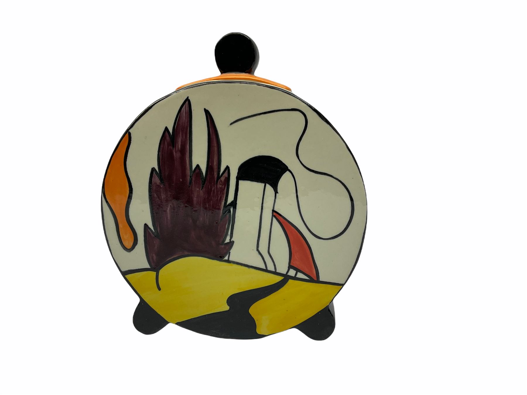 Lorna Bailey Old Ellgreave Pottery, comprising teapot in beach design, circular jar in house and path design, shell jug in Bridge and stream design, squat jug in Pagoda design and plate decorated with an Art Deco woman, all with printed and painted marks. 