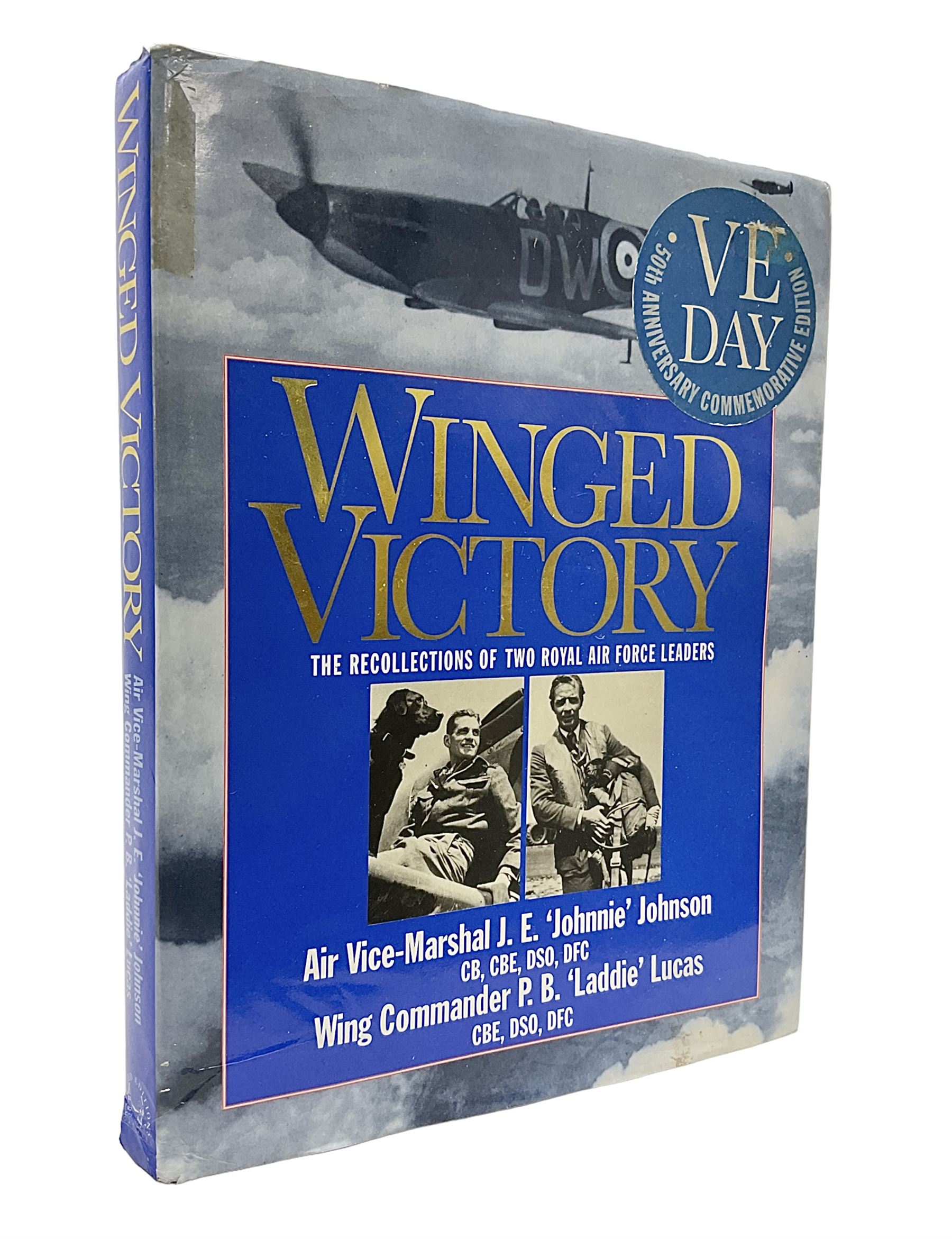Winged Victory. 1995. Loose mounted signed dedication note and bookplate on the fep from the authors Wing Commander P.B. (Laddie) Lucas and Air Vice-Marshall J.E. (Johnnie) Johnson with duplicate signatures on the title page. Unclipped dustjacket.