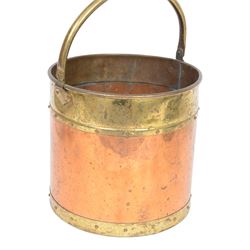 19th century rivetted copper and brass coal bucket  with swing handle, H30cm, D32cm