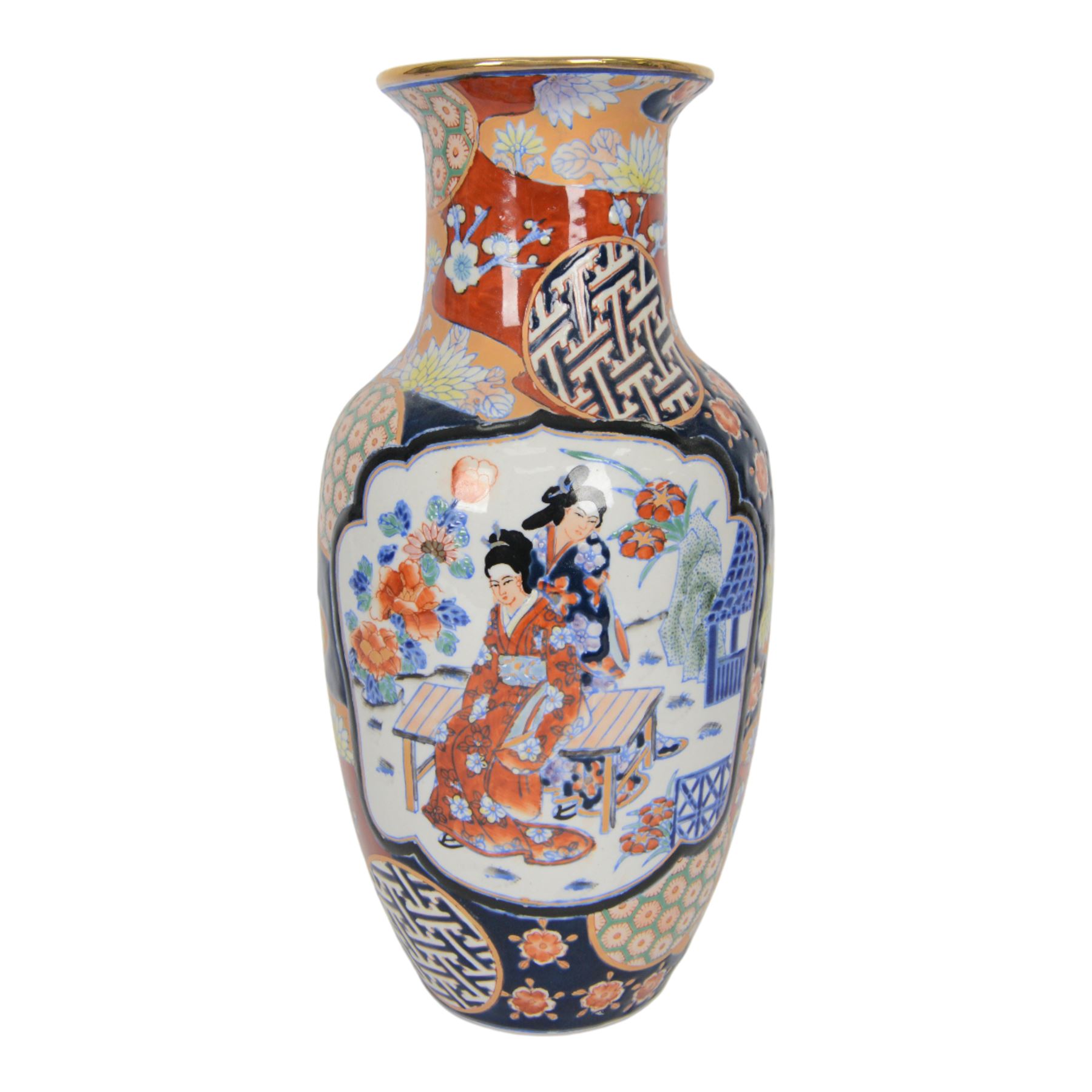 Pair of Japaneses imari vases, the central panel, decorated with figures in a landscape, together with famille rose vase, largest H37cm  