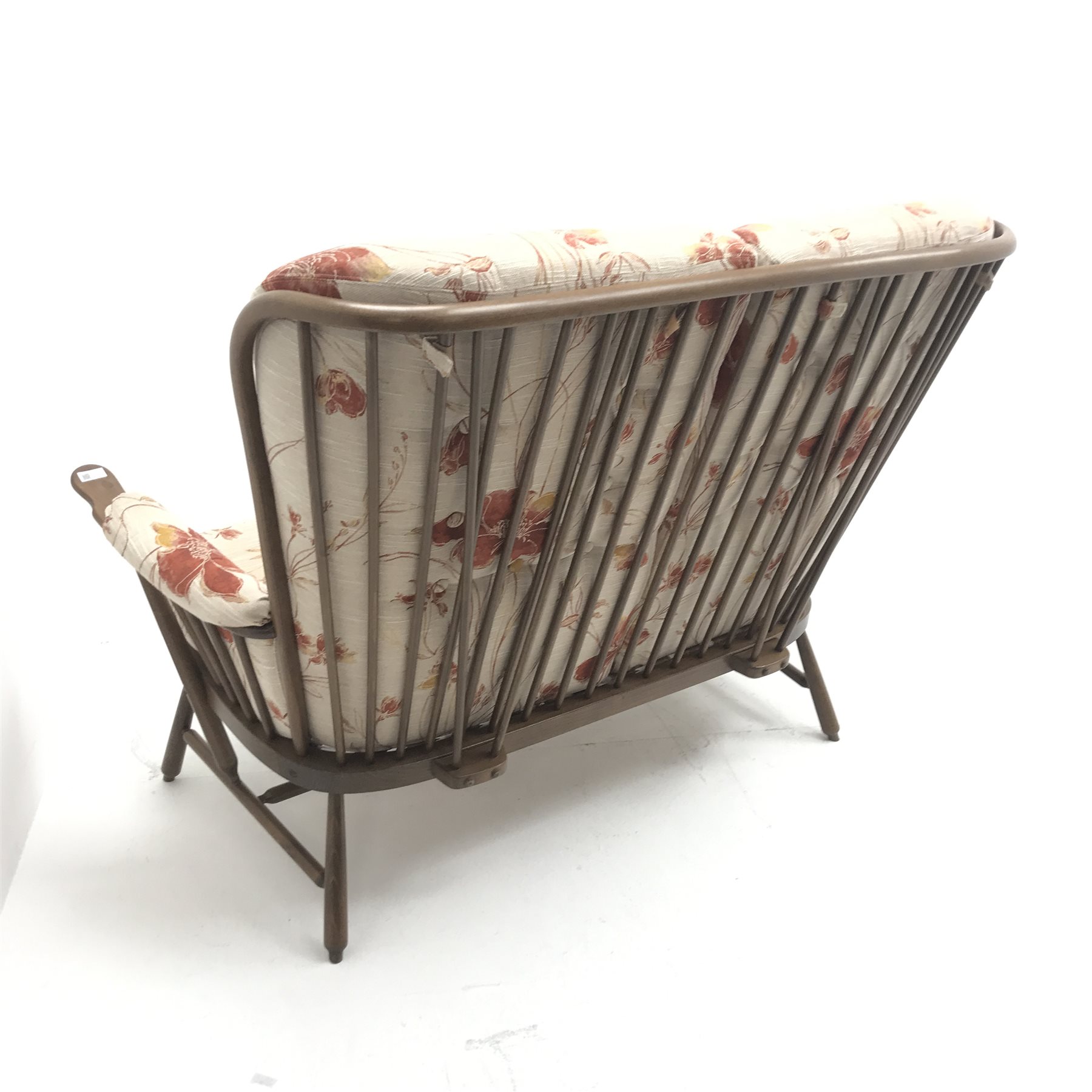 Ercol Golden Dawm elm Windsor tall back two seat sofa with fitted cushions, W144cm  