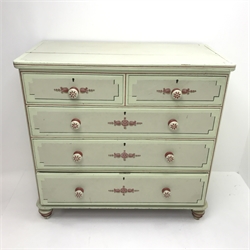Victorian painted pine chest, two short and three long graduating drawers, turned supports, W111cm, H106cm, D58cm