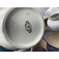 Royal Winton Art Deco style wash jug and bowl, in geometric purple design, together with two other large wash jugs with bowls and other similar ceramics, in three boxes 