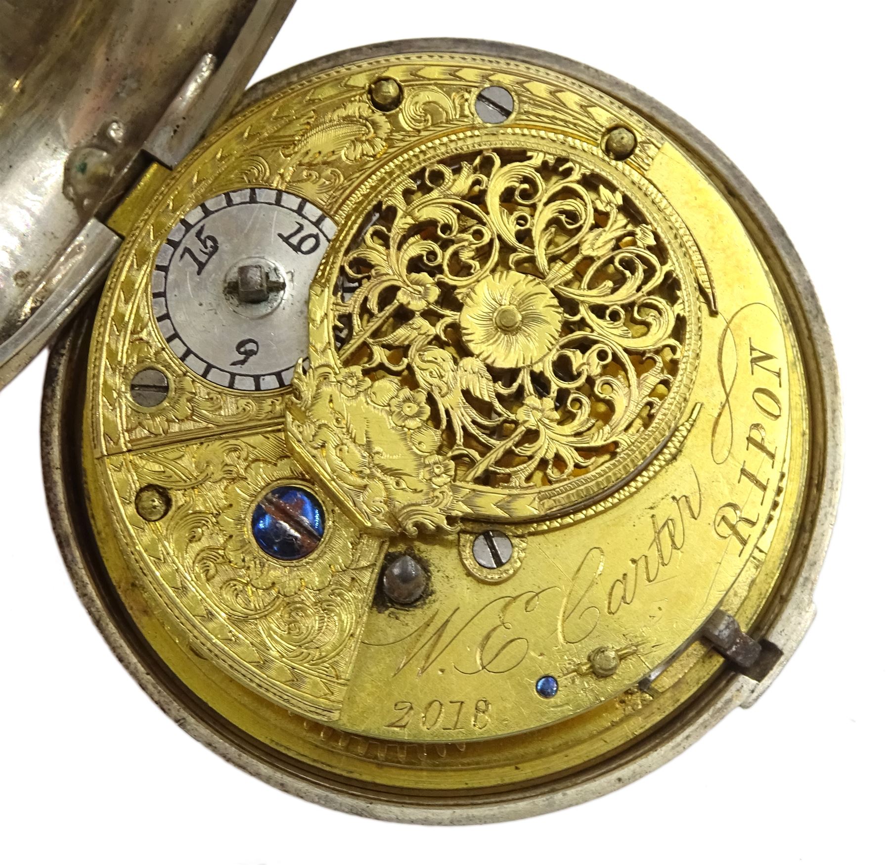 George III silver pair cased verge fusee pocket watch by W E Carter, Ripon, No. 2018, white enamel dial with Arabic numerals, pierced and engraved balance cock decorated with a mask, case by Thomas Gibbard, London 1802 and one other silver lever pocket watch, case by Robert John Pike, London 1874