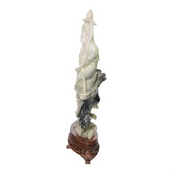 Chinese carved hardstone figure of Guanyin on wooden base, H31cm