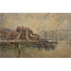 R Wellesley Webster (British exh.1887-1903): Dock End Whitby, watercolour signed and dated '99, 47cm x 73cm 
Notes: Webster is listed as living in Manchester 1887 and 1895, Anstruther 1894, and Southport 1899. He exhibited at the Manchester City Art Gallery 16 times, the Royal Academy 10 times, and once at the Royal Scottish Academy.
