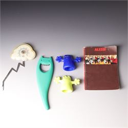 Collection of Alessi items, comprising a 'Juicy Salif' lemon squeezer designed by Philippe Starck, a condiment set designed by Ettore Sottsass, two 'Carlo - a ghost on top of a bottle' designed by Mattia Di Rosa, and further items, all stamped (10)