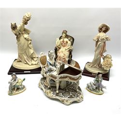 A small pair of Sitzendorf figures modelled as shepherd and shepherdess, H10.5cm together with a Dresden porcelain figure modelled as a female figure playing the piano, H17cm, a Naples figure with floral bouquet, H27.5cm,  a Naples figure holding a dog, H33cm, and a Leonardo Collection figure, Interlude, H24cm. 