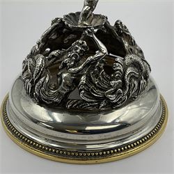 Modern limited edition silver mounted nautilus shell cup, no. 42/150, the pearlescent shell cup with silver-gilt strapwork to rim, upon a stem modelled as a putto supporting a gilt cornucopia and circular domed foot depicting Poseidon amongst swirling waves, hallmarked by St James House Company, London 1980,  H17.5cm
