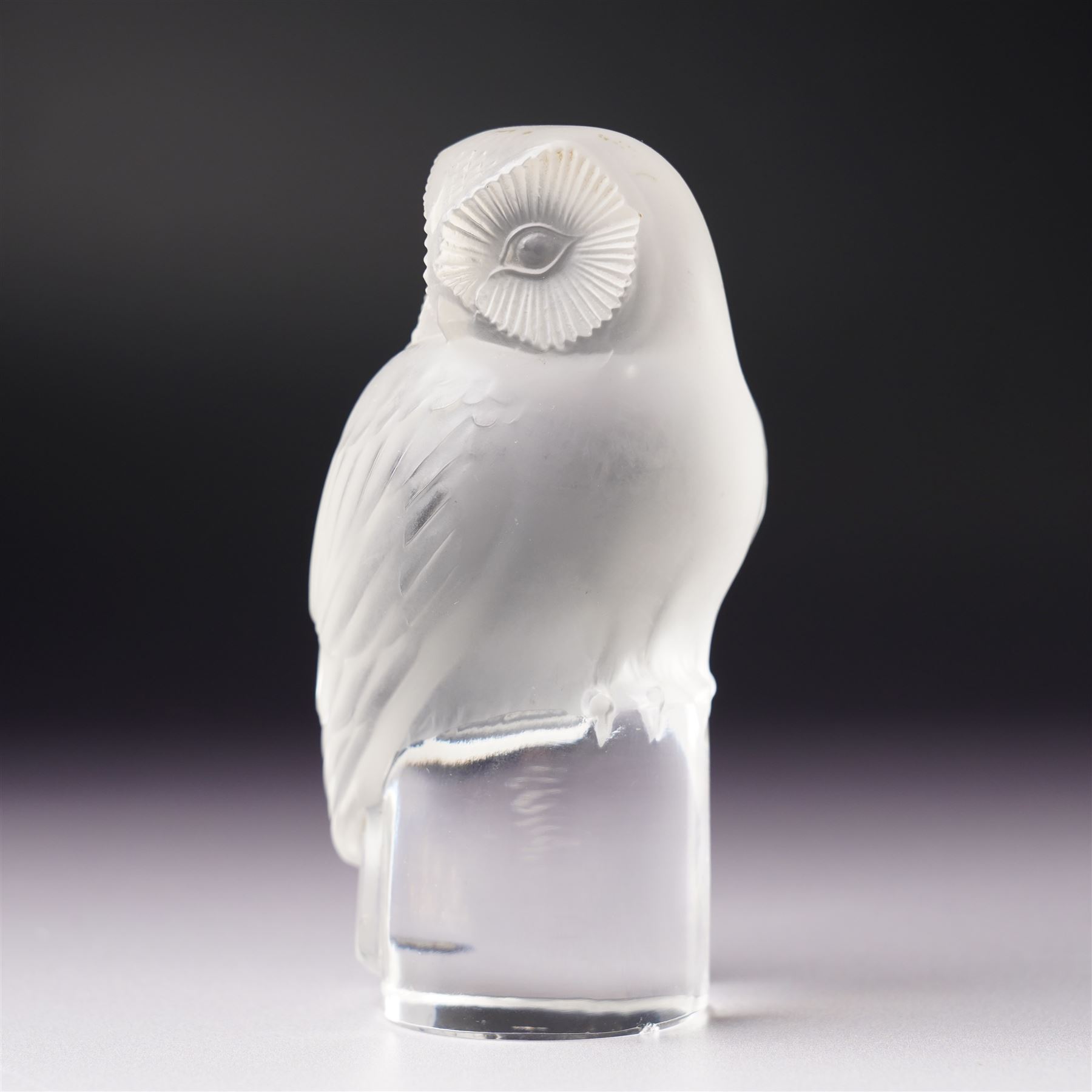 Lalique 'Chouette' frosted glass owl paperweight,  inscribed 'Lalique, France' to plinth, H9cm