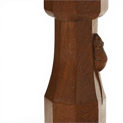 Mouseman - oak side table, rectangular adzed top, raised on octagonal supports united by stretcher on sled feet, with carved mouse signature, by the workshop of Robert Thompson of Kilburn