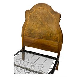 Mid-20th century walnut single bedstead, high shaped headboard, footboard with turned finials and scrollwork carvings, complete with 'Vono' iron frame, raised on cabriole supports