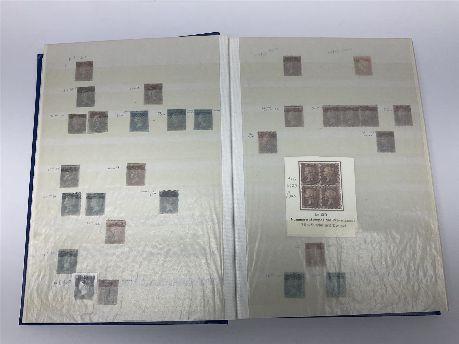 Mostly Great British Queen Victoria stamps, including penny black with black MX cancel, 1840 two pence blue with black cancel, imperf penny reds singles and pairs, perf penny reds stars and plates, various postmarks or cancels, penny reds on pieces or covers, halfpenny 'bantams', other QV issues with some higher values etc, housed in a blue stockbook