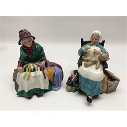 Five Royal Doulton figures, comprising The Balloon Man HN1954, Silks and Ribbons HN2017, Embroidering HN2855, Nanny HN2221 and Rest Awhile HN2728 